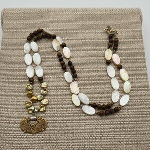 32 Inch Sterling Silver Shell Pearl Tiger's Eye Moonstone Necklace B490